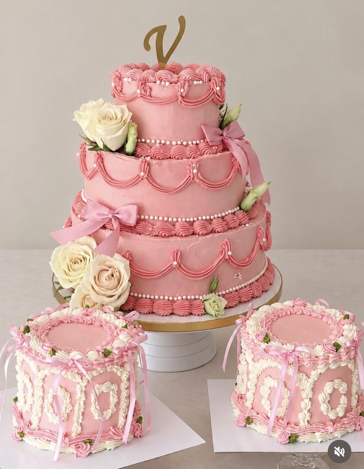 Belle'nin pembe kurdeleli ve çiçekli üç katlı butik pastası